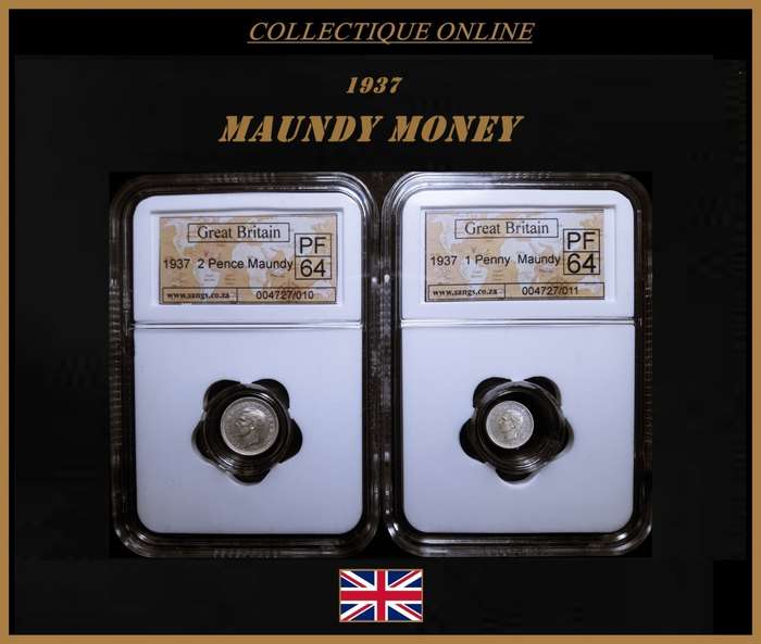 1937 : ENGLAND : EXCELLENT SET of 2 PENCE & 1 PENNY PROOF (PF 64) GRADED by S.A.N.G.S. BID FOR BOTH.