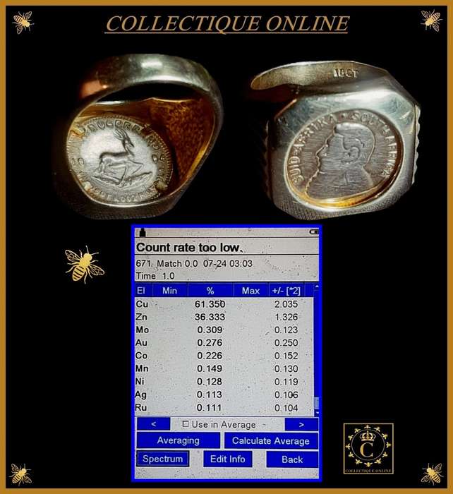 A lovely collectors ring, very unique. It is a Kruger Rand token in a Zinc and Copper setting.