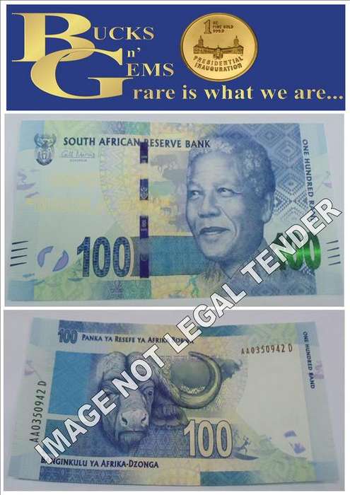MANDELA NOTE -- R100  SERIAL "AA - NUMBERS"-- PERFECT MINT CONDITION UNC 100 IN SERIES -BID PER NOTE