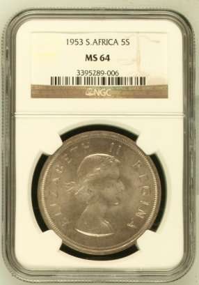 4TH FINEST - 1953 UNION 5 SHILLING ** MS64 **- NGC GRADED ONLY 3 IN MS67