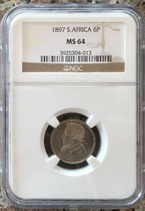 2ND FINEST  -1897 ZAR 6 PENCE - MS64 - NGC GRADED - 2ND FINEST KNOWN - WITH ONLY 9 IN MS65