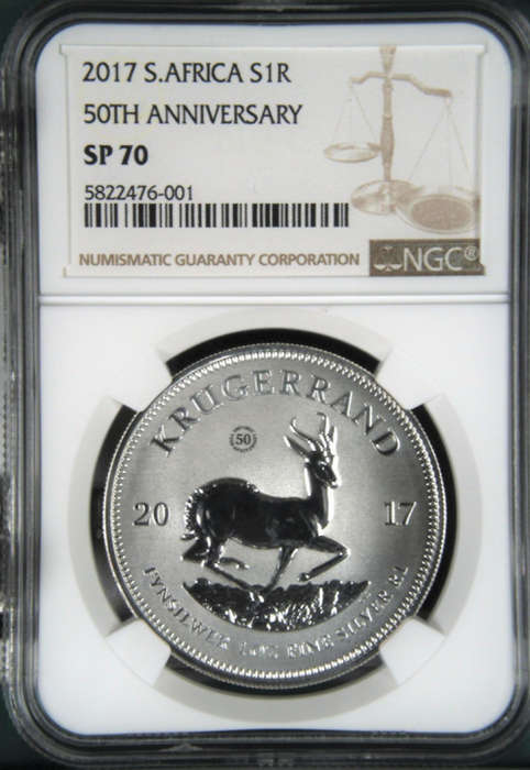 FINEST KNOWN 2017 SA KRUGERRAND SILVER 1oz FINE PURE 999 SILVER 50th ANNIVERSARY MINT MARK- SP70 NGC