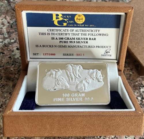 SALE`BIG 5 `100 GRAM SILVER BAR `PRINTED` ONLY 1000 MINTED COLLECTORS SERIES- BOX & CERTIFICATE