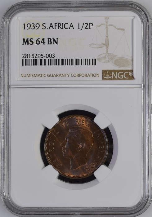 1939 UNION SA 1/2 PENNY - MS64BN - NGC 2ND FINEST GRADE - ONLY 3 IN MS65 - LOW MINTAGE 270,970