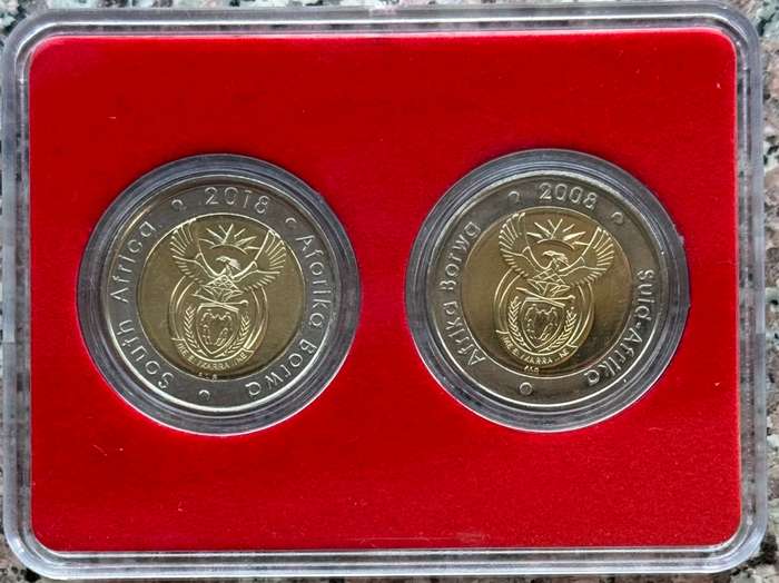 2008 & 2018 MANDELA R5 COIN UNC SET - 90TH BIRTHDAY & 95TH BIRTHDAY - 2 COIN
