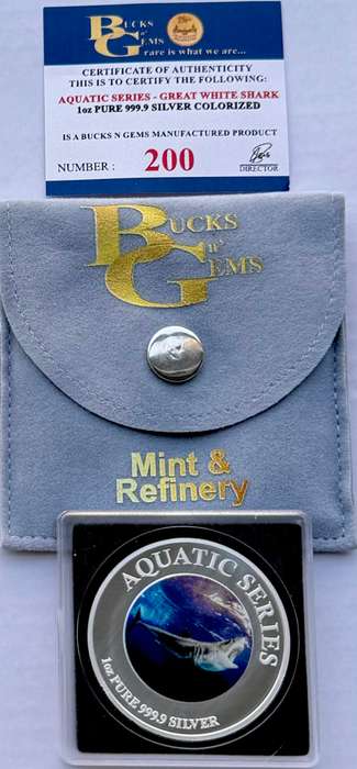1oz SILVER 999.9 FINE - 2024 AQUATIC SERIES OF SOUTH AFRICA "GREAT WHITE SHARK" CERTIFIED & MINT BAG