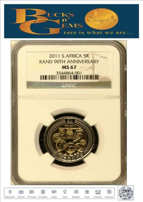4 available**BRANDNEW MS67 ** 2011 SOUTH AFRICAN RESERVE BANK R5 **MS67**NGC GRADED--RARE