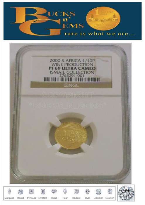 **WINE PF69** 2000 R1 GOLD 1/10TH PROTEA **WINE**--PF69 ULTRA CAMEO-HIGHEST NGC GRADE LOW POP