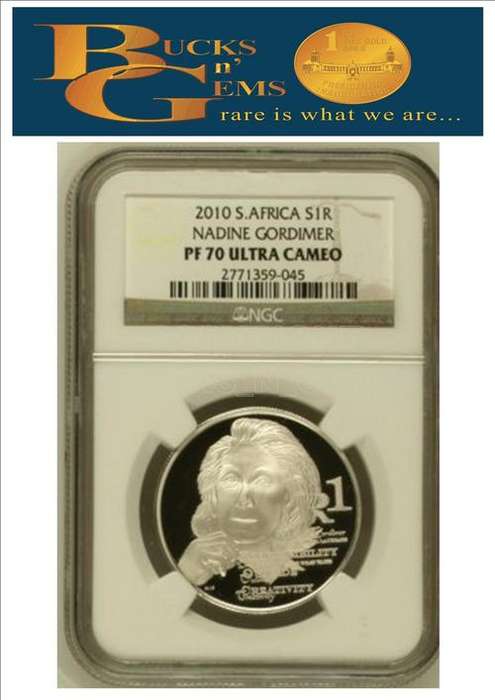 HIGHEST **PF70UC** 2010 PROTEA SILVER R1 **NADINE GORDIMER PF70 UC**NGC GRADED- RARE COIN HIGH VALUE