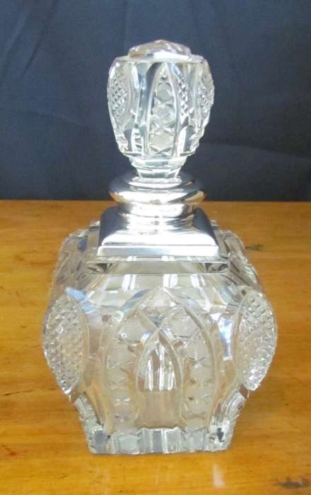 PERFUME BOTTLE Crystal with Sterling Silver Lid & Stopper LONDON 1926 Henry Perkins & Sons LARGE!!