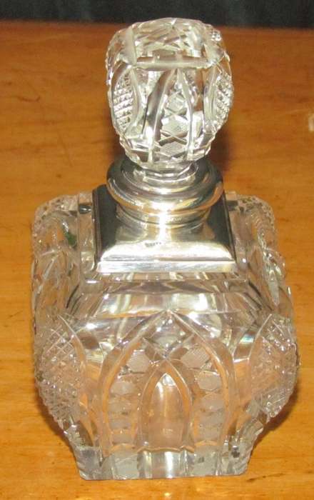 PERFUME BOTTLE Crystal with Sterling Silver Lid & Stopper LONDON 1926 Henry Perkins & Sons LARGE!!