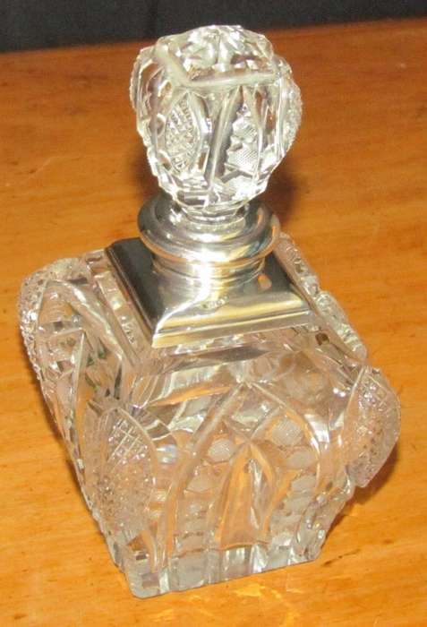 PERFUME BOTTLE Crystal with Sterling Silver Lid & Stopper LONDON 1926 Henry Perkins & Sons LARGE!!