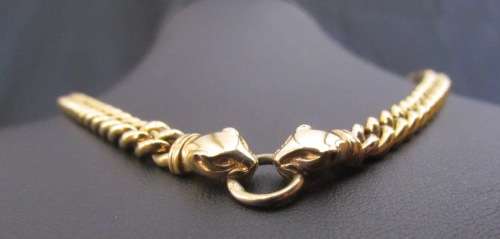 9K GOLD NECKLACE & BRACELET=Curb Link=MATCHING=4 CABOCHON SAPPHIRES IN CLASPS=LEOPARD HEADS=STUNNING