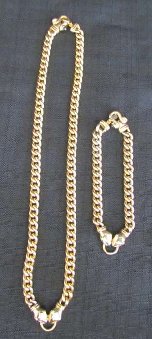 9K GOLD NECKLACE & BRACELET=Curb Link=MATCHING=4 CABOCHON SAPPHIRES IN CLASPS=LEOPARD HEADS=STUNNING