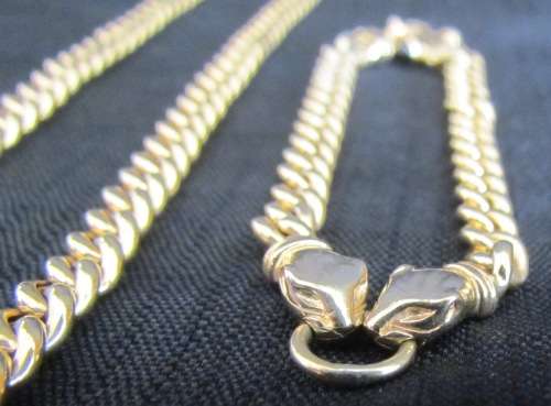 9K GOLD NECKLACE & BRACELET=Curb Link=MATCHING=4 CABOCHON SAPPHIRES IN CLASPS=LEOPARD HEADS=STUNNING