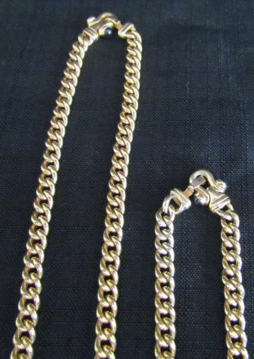 9K GOLD NECKLACE & BRACELET=Curb Link=MATCHING=4 CABOCHON SAPPHIRES IN CLASPS=LEOPARD HEADS=STUNNING