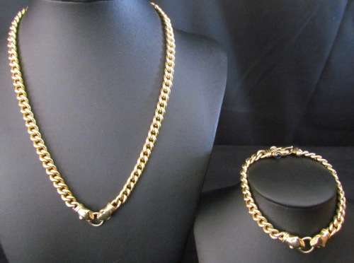 9K GOLD NECKLACE & BRACELET=Curb Link=MATCHING=4 CABOCHON SAPPHIRES IN CLASPS=LEOPARD HEADS=STUNNING