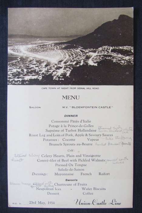 UNION-CASTLE LINE MENU SEPIA 23 MAY 1954 CAPE TOWN at NIGHT SIGNAL HILL DINNER BLOEMFONTEIN CASTLE