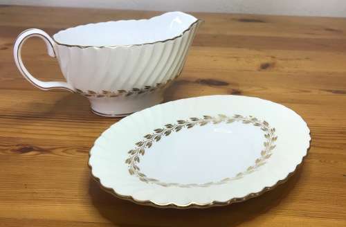MINTON GRAVY BOAT and SAUCER GOLD CHEVIOT PATTERN RARE Very good condition.