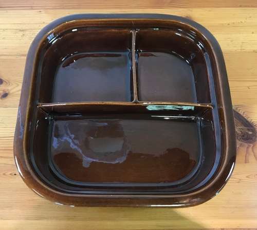 OVEN DISH TRAY SQUARE BROWN with 3 COMPARTMENTS SERVE 3 different VEGETABLES/MEATS MADE in the USA.