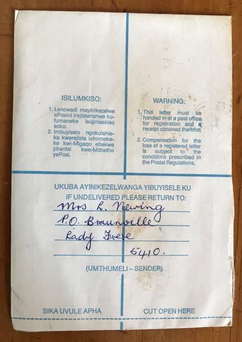 Registered Letter Post Office BRAUNVILLE LADY FRERE TRANSKEI to CAPE TOWN 1980 SOUTH AFRICA.
