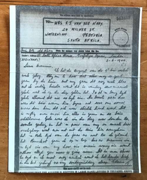 AIRGRAPH Mrs FJ van der KAAY WATERKLOOF PRETORIA SOUTH AFRICA HOUSE LONDON 5 JUNE 1944 WWII KODAK.