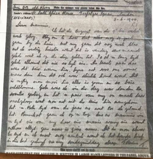 AIRGRAPH Mrs FJ van der KAAY WATERKLOOF PRETORIA SOUTH AFRICA HOUSE LONDON 5 JUNE 1944 WWII KODAK.
