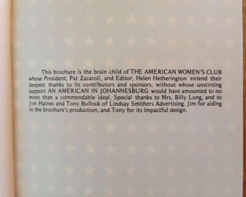 BROCHURE INFORMATION AN AMERICAN IN JOHANNESBURG THE AMERICAN WOMENS CLUB 50 pages.