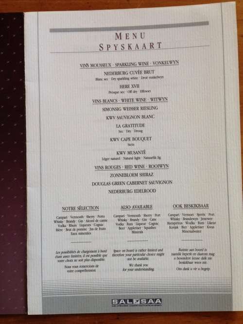 SAA SAL SOUTH AFRICAN AIRWAYS MENU SILVER CLASS BREAKFAST DINNER.