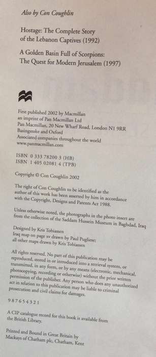 BOOK SADDAM THE SECRET LIFE CON COUGHLIN 2002 SADDAM HUSSEIN IRAQ MIDDLE EAST ARABS TIKRIT BAGHDAD.