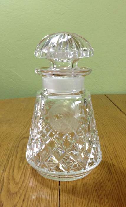 DECANTER=CUT GLASS DECANTER=TAPERED ROUND=EXCELLENT CONDITION=ROSE PATTERN ENGRAVING.