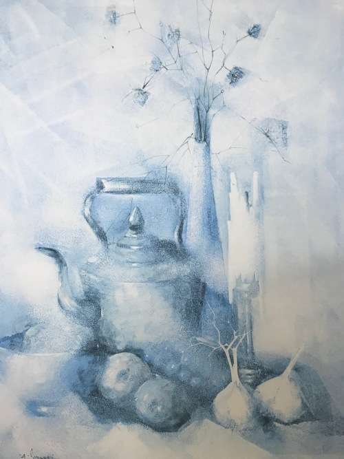 PRINT on wooden BLOCK BLUE STILL LIFE VASE FRUIT KETTLE ITALIAN? NO GLASS HAS CLIPS read notes......