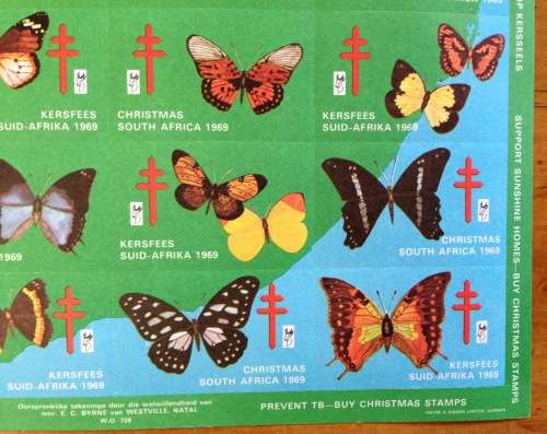 CHRISTMAS STAMPS SHEET 1969 RSA KERSFEES PREVENT TB 20c CINDERELLA BUTTERFLIES by E.C BYRNE SPRINBOK