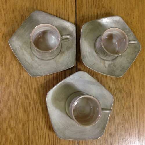 COFFEE DUO`S EXPRESSO CUPS + SAUCERS x 3 of each UNUSUAL SHAPE KOREAN POTTERY?? UNIQUE!!!