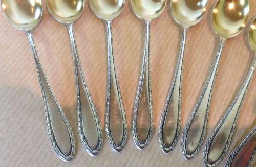 COFFEE DEMITASSE SPOONS x 12 800 GILTED STERLING SILVER GERMANY BEAUTIFULLY ELEGANT DESIGN!!!