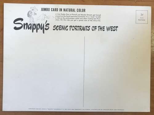 POSTCARD POST CARD JUMBO SNAPPY GOODRICH USA 3 cent CALIFORNIA SAN FRANCISCO CABLE CARS Rare!!