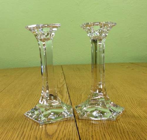 RIEDEL LEAD CRYSTAL GLASS CANDLESTICKS x 2 PAIR CLAUS JOSEF RIEDEL CJR 1960`s AUSTRIA 150mm TALL.