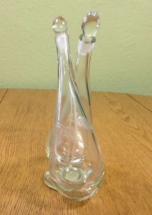 JOINED PRESSED GLASS OIL and VINEGAR POURER WITH STOPPERS SALAD DRESSING DECANTER STUNNING PIECE!