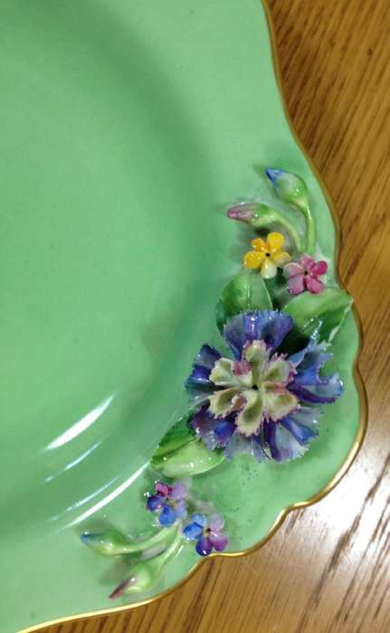 CROWN STAFFORDSHIRE SQUARE BOWL with APPLIED FLOWERS=1906-30=ENGLAND=ANTIQUE=ART DECO=ART NOUVEAU.
