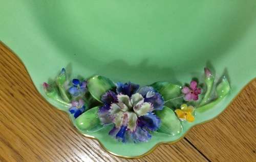 CROWN STAFFORDSHIRE SQUARE BOWL with APPLIED FLOWERS=1906-30=ENGLAND=ANTIQUE=ART DECO=ART NOUVEAU.