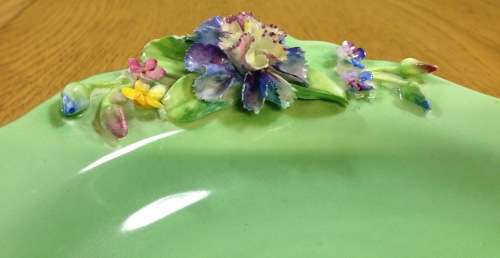 CROWN STAFFORDSHIRE SQUARE BOWL with APPLIED FLOWERS=1906-30=ENGLAND=ANTIQUE=ART DECO=ART NOUVEAU.