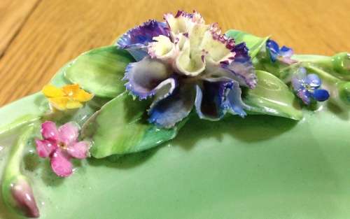 CROWN STAFFORDSHIRE SQUARE BOWL with APPLIED FLOWERS=1906-30=ENGLAND=ANTIQUE=ART DECO=ART NOUVEAU.