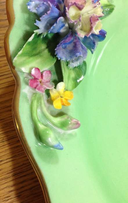 CROWN STAFFORDSHIRE SQUARE BOWL with APPLIED FLOWERS=1906-30=ENGLAND=ANTIQUE=ART DECO=ART NOUVEAU.