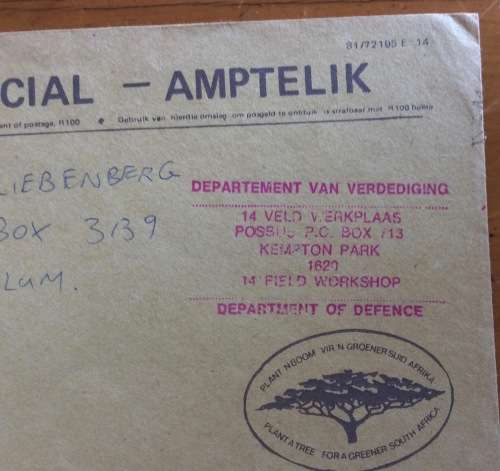 SADF OFFICIAL MAIL 14 FIELD WORKSHOP KEMPTON PARK 14 VELD WERKPLAAS 1985? MILITARY DEPT. of DEFENCE