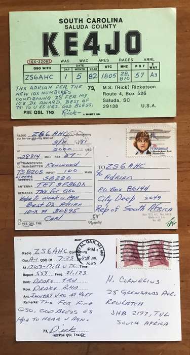 QSL RADIO HAM CARDS USA to SOUTH AFRICA x 3 1981/82/83 Scarce Amateur Radio Aeroplane Pilot.
