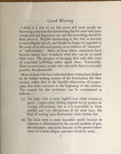 GOOD WRITING ITALIC STYLE WRITING W. WORTHY CHATTO and WINDUS 1953 SOFTCOVER.