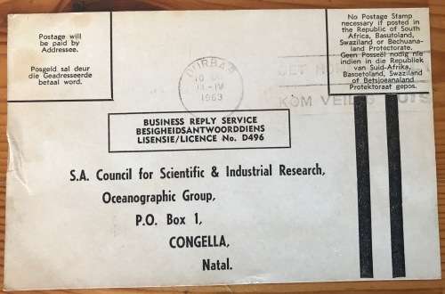 SOUTH AFRICAN C.S.I.R. POSTCARDS x 5 DURBAN 1962/3 OCEANOGRAPHIC GROUP CONGELLA NATAL SURFACE WATER