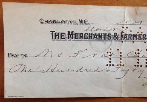 CHEQUE 1925 USA THE (MERCHANTS and FARMERS) UNION NATIONAL BANK NORTH CAROLINA UNITED STATES US$150