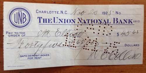 CHEQUE 1925 THE UNION NATIONAL BANK UNB CHARLOTTE NORTH CAROLINA UNITED STATES of AMERICA US$45.65.
