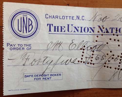 CHEQUE 1925 THE UNION NATIONAL BANK UNB CHARLOTTE NORTH CAROLINA UNITED STATES of AMERICA US$45.65.